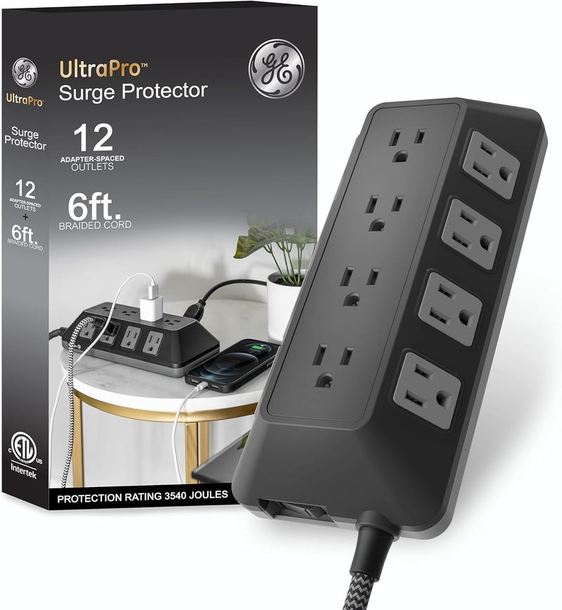 GE UltraPro Adapt 12-Outlet Surge Protector, 6ft Braided Heavy Duty Extension Cord, Flat Plug Power Strip, 3540 Joules, Black, 74542 - Image 1